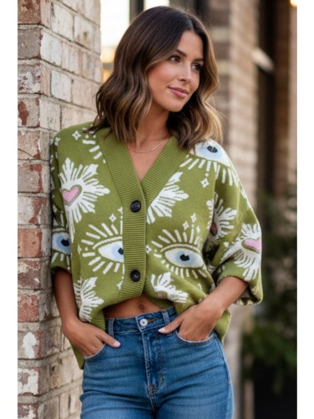 Evil Eye Celestial Button-Down Dropped Shoulder V-Neck Oversized Boho Cardigan